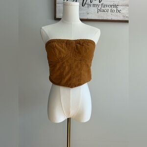 Free People Smocked Bandeau Tube Top Boho Mustard Linen Blend Strapless  S